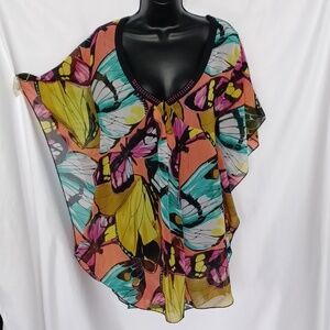 One World Beach Cover Up Sz M Butterfly Kimono Sheer V-Neck Overlay